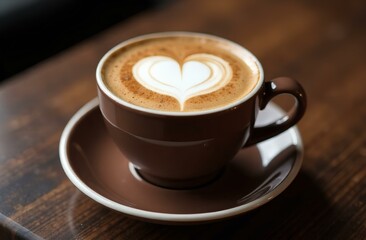 Obraz premium Latte art in heart shape, mocha mousse cup, wooden table, coffee theme