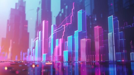 Digital cityscape with colorful data visualization and graphs