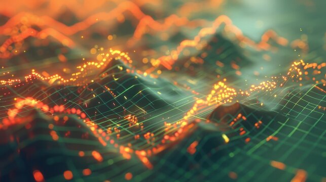 Visual representation of data trends with glowing lines and grid patterns, showcasing dynamic fluctuations in digital landscape