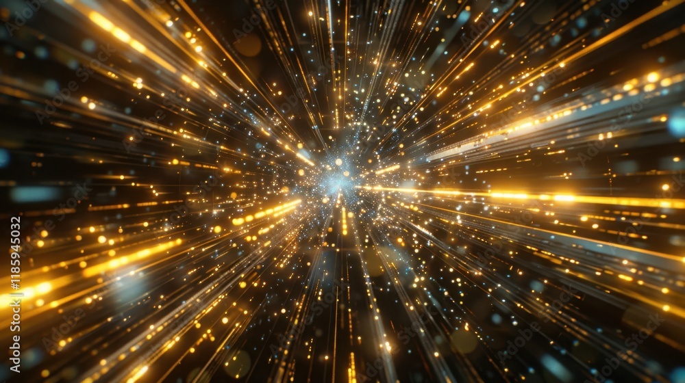 Poster abstract light burst with golden and blue particles creating dynamic, energetic effect, resembling c