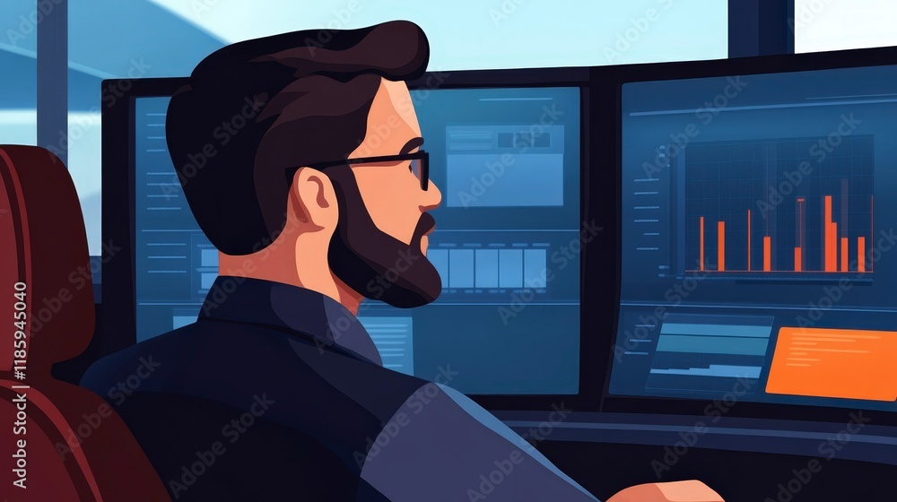 Poster professional man analyzing data with multiple computer screens