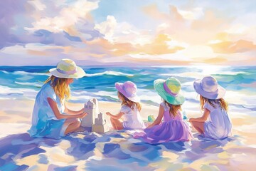 Mother and her daughters wearing summer clothes and hats, enjoy a sunny day at the beach building sandcastles together as the sun sets over the waves creating a colorful sky