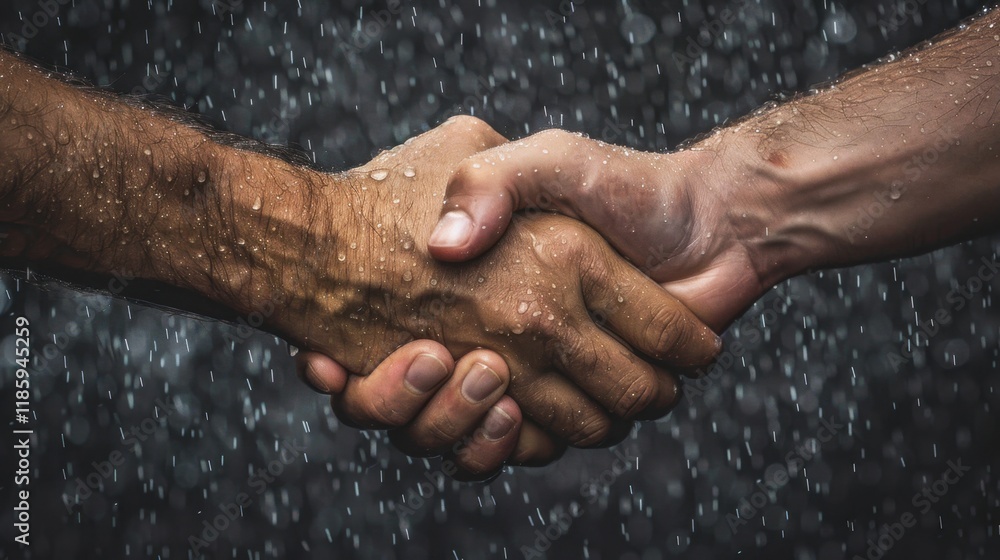 Poster two hands shaking in rain, symbolizing unity and connection. droplets create dramatic backdrop, enha