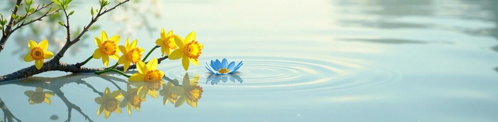 Fototapeta premium Yellow daffodils and blue anemones floating freely amidst branches on a serene white lake surface, yellow daffodil, calm