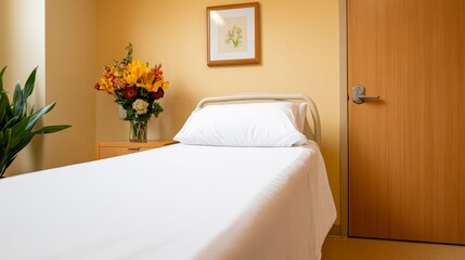 Cozy Hospital Room with Fresh Flowers and Bright Yellow Walls