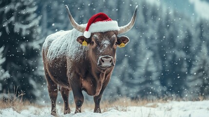 Snowy bull wearing Santa hat in winter forest.