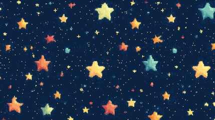 Vintage pixel art night sky, methodically crafted star placement, warm and cool toned pixel stars with subtle corona effects, deep space blue background, precise dot matrix style pattern, clean