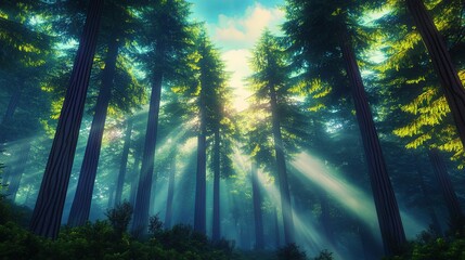 Obraz premium Gentle Light Filtering Through Misty Forest Trees