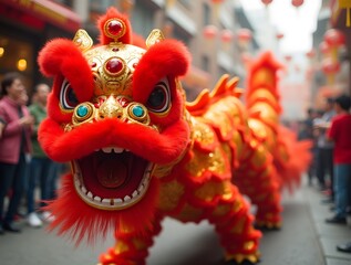 Chinese New Year dragon dance with street festival mascot and red fire decorations