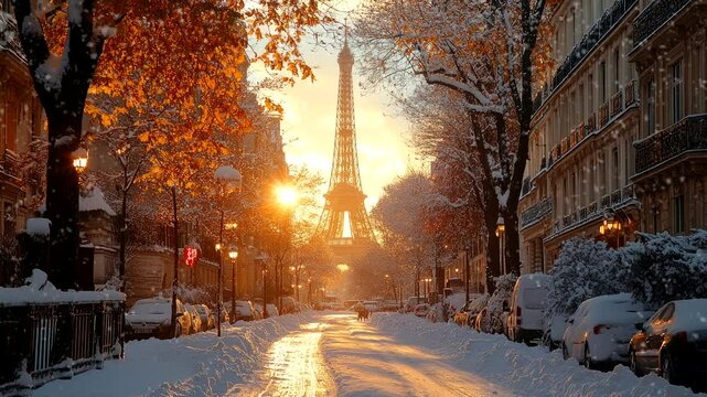 Paris city street covered in fresh snow during sunrise near Eiffel tower. Urban concept