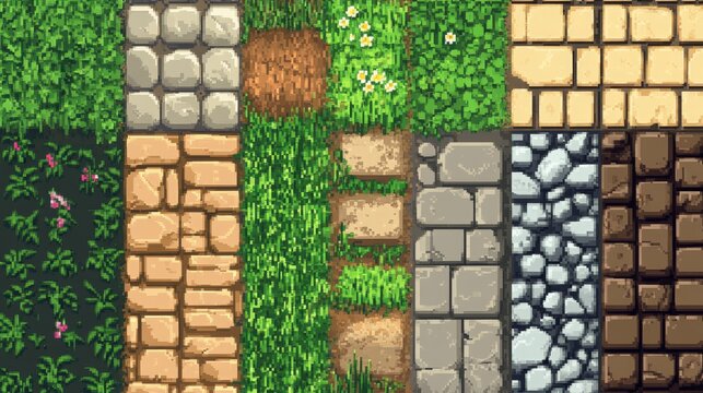 8-bit style terrain block collection, pixel-perfect game textures, varied surface patterns, natural and constructed materials, environmental tile set, precise color palettes for each block type,