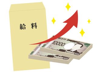 給料袋と上昇の矢印のイラスト　給料アップのイメージ