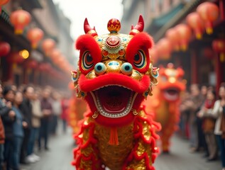 Obraz premium Chinese New Year dragon dance with street festival mascot and red fire decorations