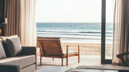 A View of a Living Room With a Chair and a Window Overlooking the Beach - Generative AI