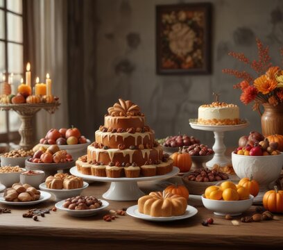 A beautifully styled and decorated Thanksgiving dessert table with an assortment of sweet treats, cozy vibes, autumnal colors
