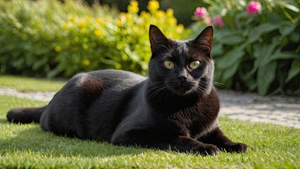 Black british shorthair cat lying outside in the garden