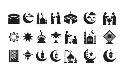 Islamic Culture Icons - Silhouette Collection Featuring Mosque, Quran, and Prayer Symbols