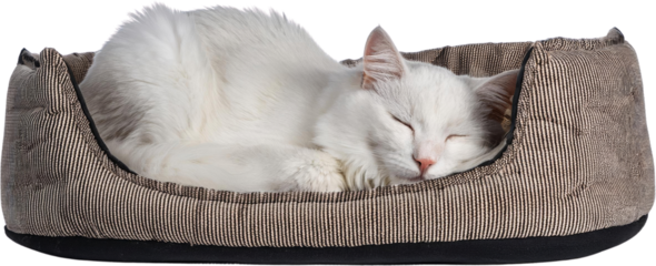 Adorable White Cat Sleeping Peacefully in Cozy Brown Pet Bed