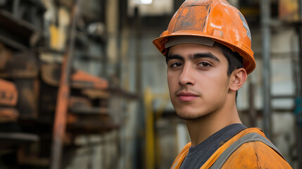 Young construction worker in safety gear at industrial site. Great for construction industry, workplace safety, and skilled trades.