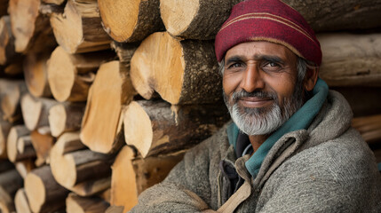 Mature woodworker against stacked logs background. Ideal for craftsmanship, traditional trades, and skilled labor.