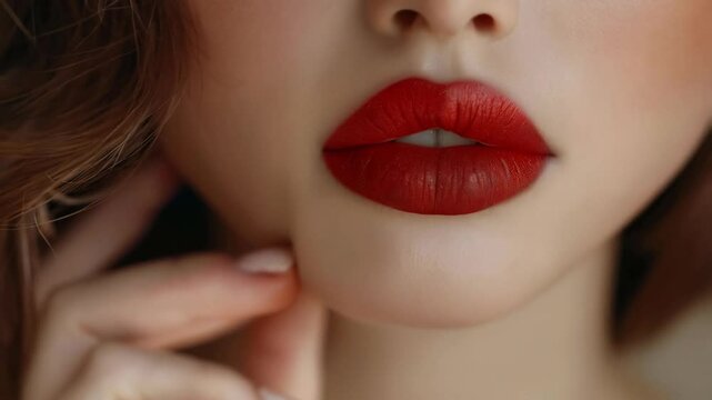 Close-up of red lips with a glossy finish, a finger gently resting on the cheek in a sensual pose