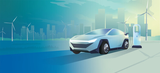 EV car charging vector with environmentally friendly solar panel and wind turbine farm, eco environmental friendly renewable energy resources and modern city landscape green background.