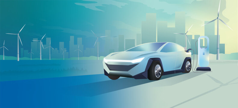 EV car charging vector with environmentally friendly solar panel and wind turbine farm, eco environmental friendly renewable energy resources and modern city landscape green background.
