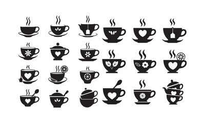 Tea and Coffee Silhouette Icons - Cups, Teapots, Leaves, and Decorative Elements