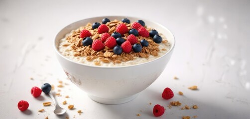A delicate bowl filled with creamy milk oats and fresh berries garnished with a sprinkle of granola on white background, oatmeal, dairy product, healthy food
