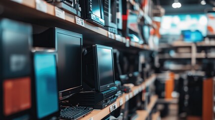 Computer monitors and keyboards on shelves in electronics store.