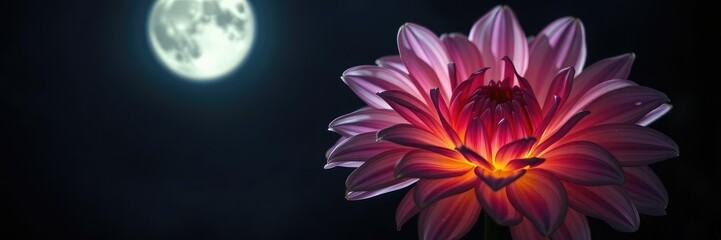 Obraz premium A delicate Dahlia unfurls its petals like a ghostly apparition on a moonlit night, casting an eerie yet alluring glow, ethereal dahlia, soft focus, pale pink