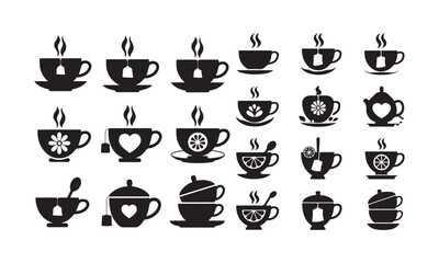 Tea and Coffee Silhouette Icons - Cups, Teapots, Leaves, and Decorative Elements
