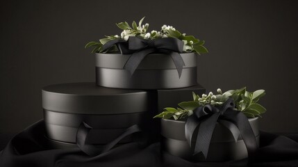 luxurious gift arrangement, premium wrapped boxes, satin finish ribbons, matte background, professional product composition, studio lighting setup, commercial photography style, isolated presentation