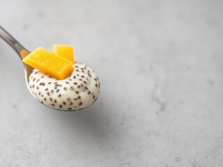 A delicate spoonful of chia pudding scooped out and topped with a slice of fresh mango on top, creamy desserts, colorful toppings