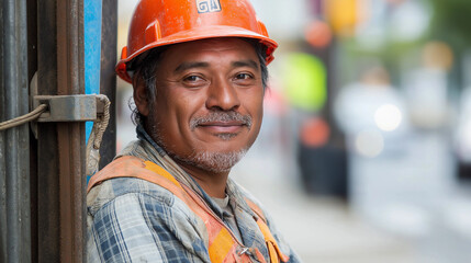 Experienced Latino construction worker in safety gear smiling. Great for construction industry, workforce diversity and professional expertise concepts.