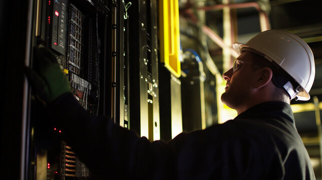 Industrial worker in protective gear examining control panel. Ideal for workplace safety, industrial operations and technical expertise representation.