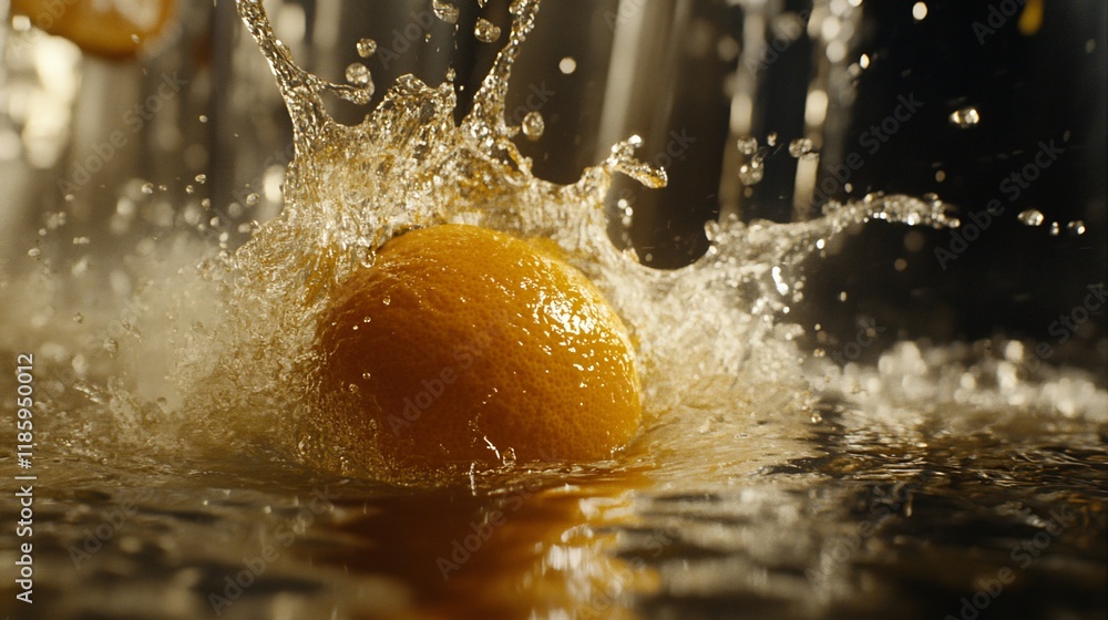 Poster an orange splashes into water, creating dynamic droplets and ripples.