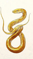 Dragon orSnake illustration design, minimalist, graphic design, clear scales, writhing body, gold foil paper brush marks