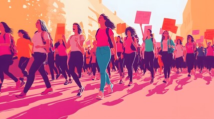 Women march together demonstrating for equality and rights