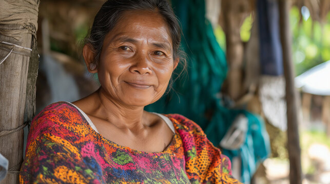 Middle-aged Guatemalan woman in colorful traditional dress smiling outdoors. Ideal for cultural diversity, indigenous heritage, and authentic lifestyle representation.