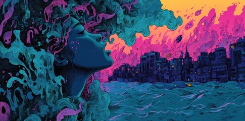 Surreal Woman Exhaling Cityscape Into Ocean Waves