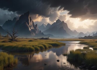 A dramatic storm clouds gather over the marsh, casting a mysterious shadow on the rugged mountain range, powerful, intense, weather