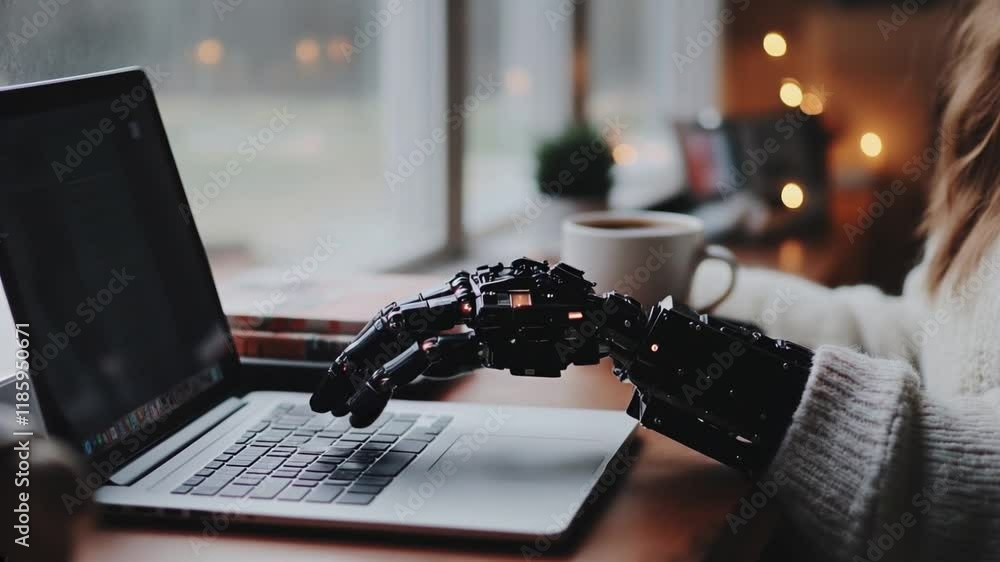 Poster close-up of robotic prosthetic hand typing on laptop in a modern workspace. advanced technology, art