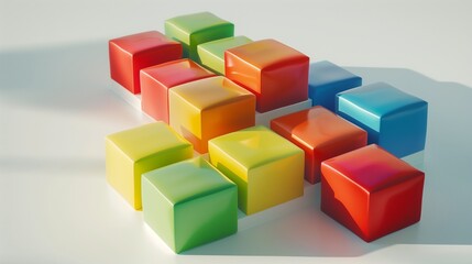 Fototapeta premium A set of colorful building blocks, isolated on a white surface, arranged in a simple formation.