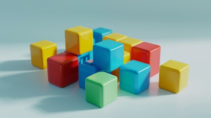 A set of colorful building blocks, isolated on a white surface, arranged in a simple formation.