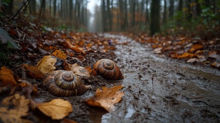 Snails on a Wet Forest Trail with Autumn Leaves and Misty Background