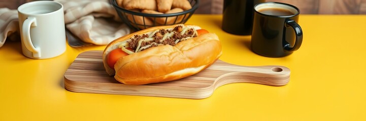 Hot dog and cup of coffee on wooden board against yellow background, rustic aesthetic, relaxing, yellow background