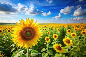 Obraz premium A field of golden sunflowers stands tall amidst green grass and a clear blue sky with gentle breeze., breeze, rural, yellow