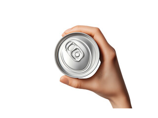 Hand Holding a Silver Beverage Can from Above Isolated on transparent background