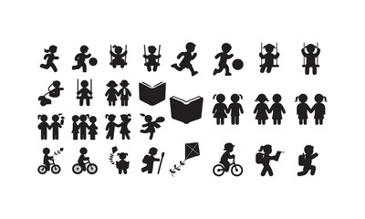 Children Playing and Learning Silhouette Icons - Fun, Friendship, and Education